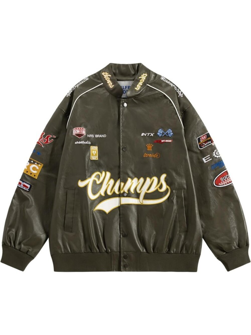 Women's Green Faux Leather Racing Jacket Oversized Motorcycle Biker Racer Jacket